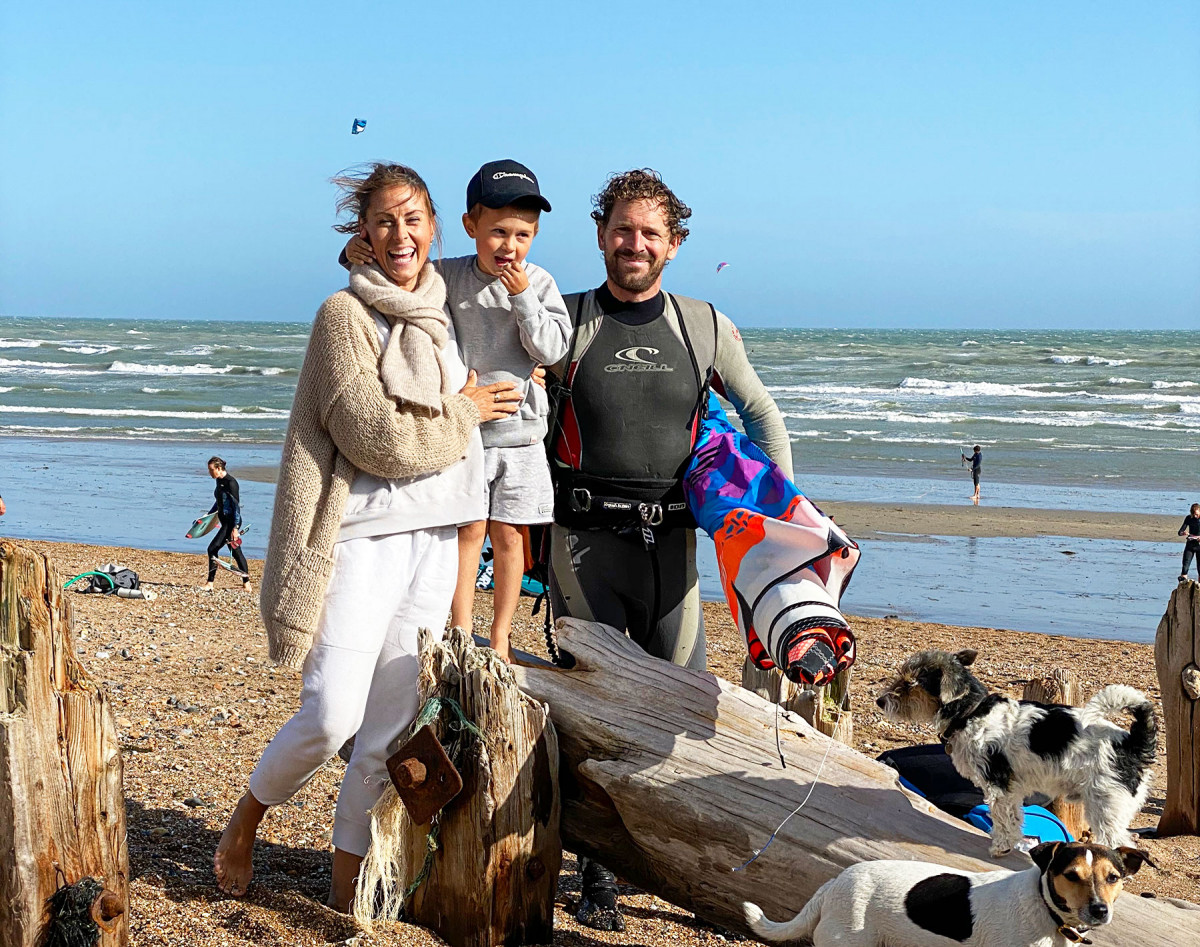 Blended family on beach